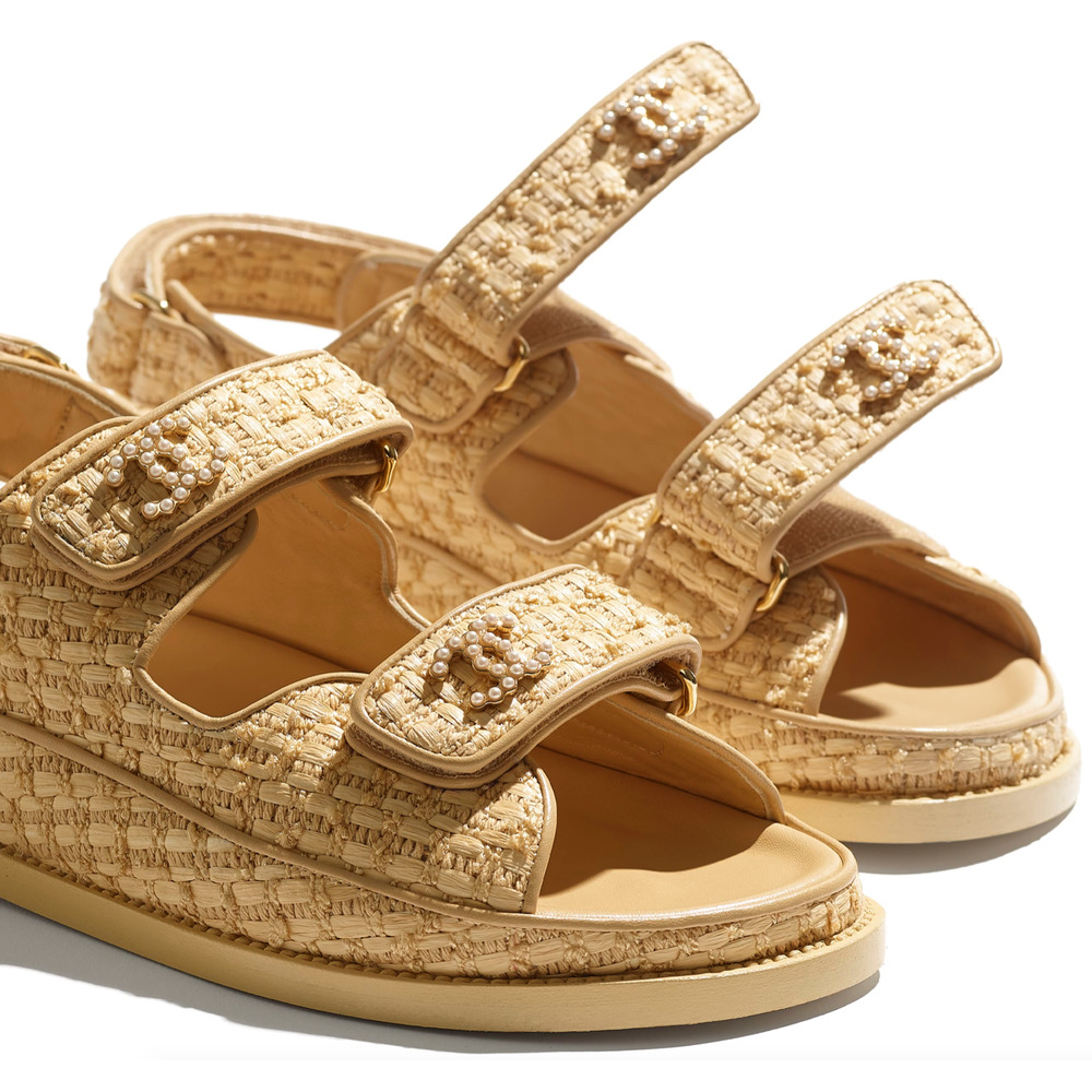 Chanel 21C Beige Raffia Pearl CC Logo Mule Slide Strap Flat Teva Dad Sandal 36 - Picture 5 of 12